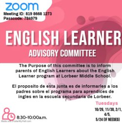 Image about the English Learner Advisory Committee. Zoom info and purpose in details section. 